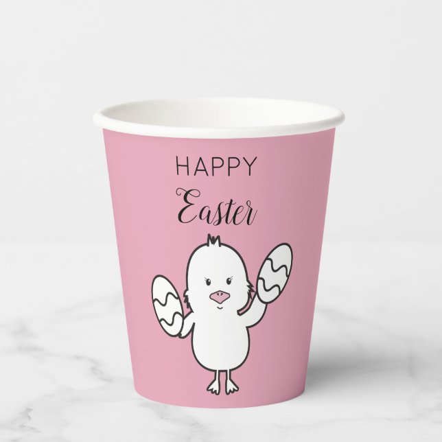 Pastel Pink Cute Easter Chick & Eggs Illustration Paper Cups (Front)