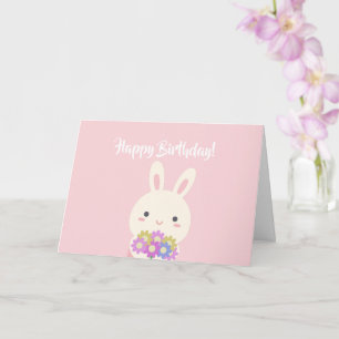 Pastel Pink Cute Kawaii Bunny Kids Happy Birthday Card