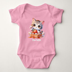Pastel Pink Cute Kitten Cat with Dessert Waffles Baby Bodysuit