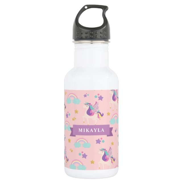 Pastel Pink | Cute Rainbow Unicorn Kids 532 Ml Water Bottle (Front)