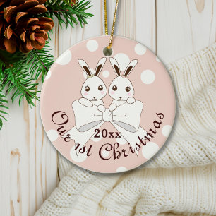 Pastel Pink Cute Twin Bunny Christmas Ceramic Ornament