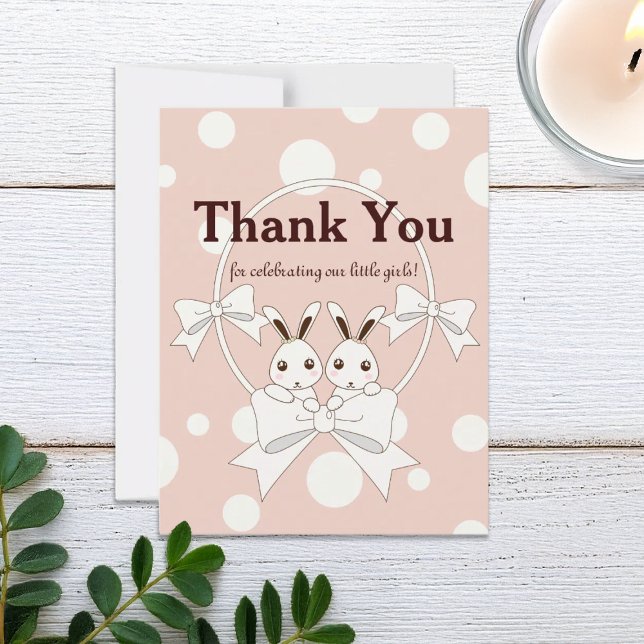 Pastel Pink Cute Twin Bunny Thank You Card (Creator Uploaded)