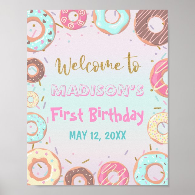 Pastel Pink Doughnut Birthday Grow Up Party Welcom Poster (Front)