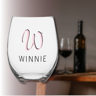 Pastel Pink Elegant Initial Black Name Modern Stemless Wine Glass