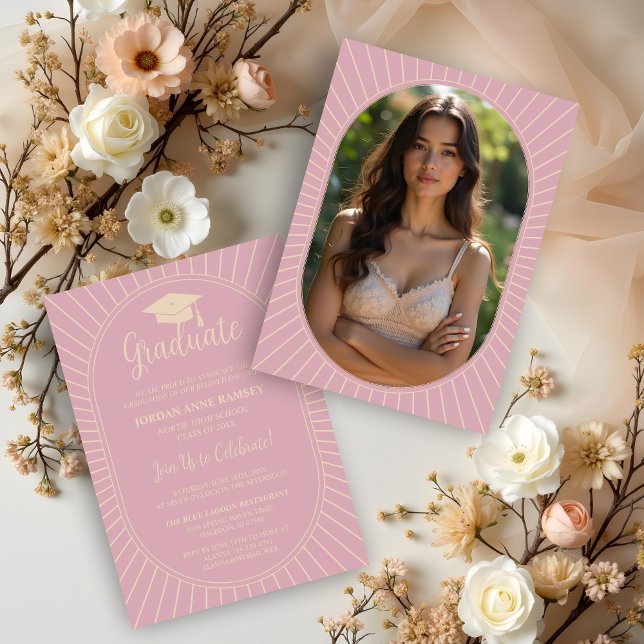 Pastel Pink Elegantly Vintage Oval-Shape Graduate  Invitation (Soft Pastel Pink Elegantly Vintage Oval-Shape Graduate Cap Party Invitations Cards with Back Photo.)