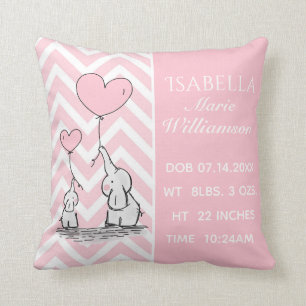 Pastel Pink Elephant Personalised Baby Girl Birth Cushion
