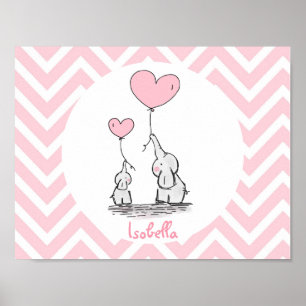 Pastel Pink Elephant Personalised Baby Girl Poster