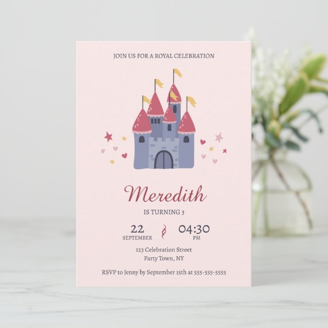Pastel Pink Enchanted Castle Hearts & Stars Party  Invitation (Standing Front)