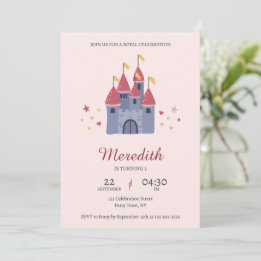 Pastel Pink Enchanted Castle Hearts & Stars Party  Invitation
