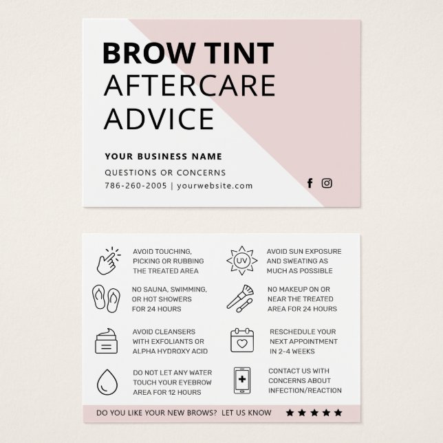 Pastel Pink  Eyebrow Tint Aftercare Card (Front & Back)