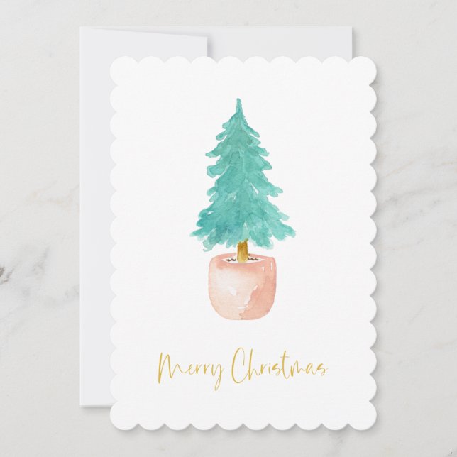 Pastel Pink Farmhouse Check Potted Christmas Tree Holiday Card (Front)