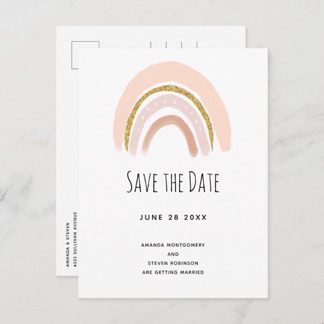 Pastel Pink & Faux Glitter Boho Rain Save the Date Invitation Postcard (Front/Back)
