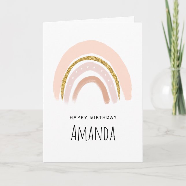 Pastel Pink & Faux Glitter Boho Rainbow Card (Front)