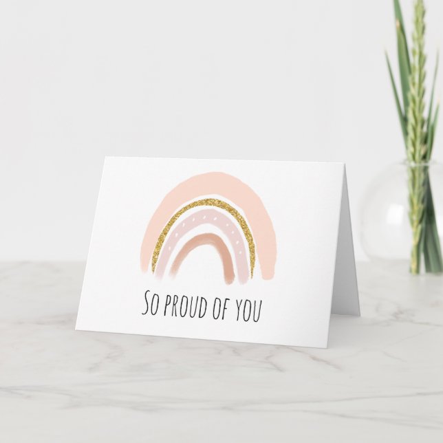 Pastel Pink & Faux Glitter Boho Rainbow Graduation Card (Front)