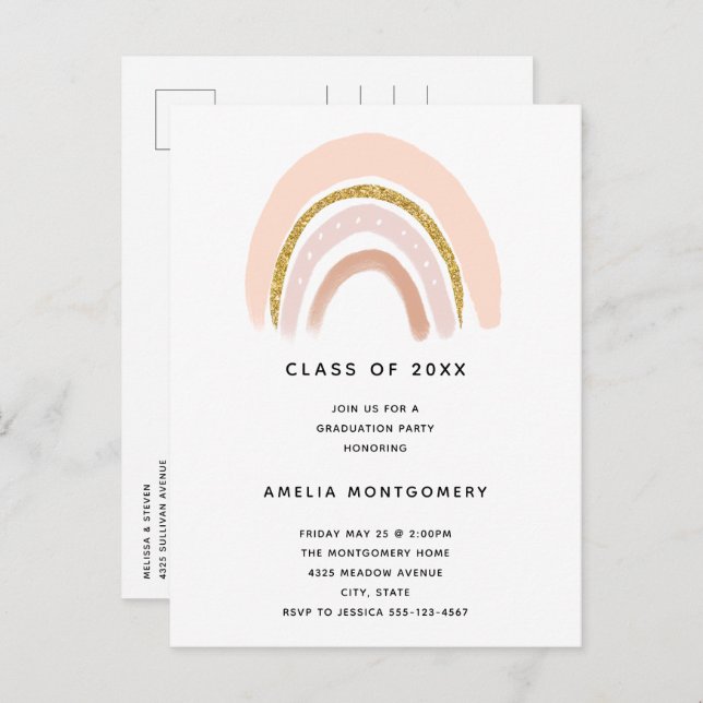 Pastel Pink & Faux Glitter Boho Rainbow Graduation Invitation Postcard (Front/Back)