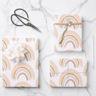 Pastel Pink & Faux Glitter Boho Rainbow Pattern Wrapping Paper Sheet