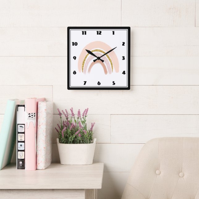 Pastel Pink & Faux Glitter Boho Rainbow Square Wall Clock (Reading Room)