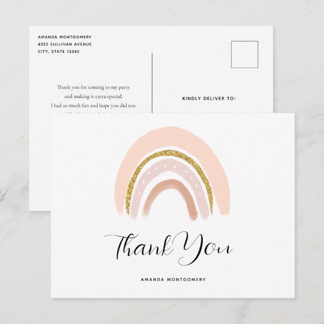 Pastel Pink & Faux Glitter Boho Rainbow Thank You Postcard (Front/Back)