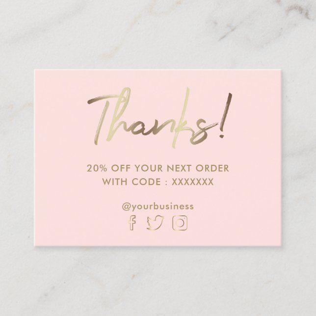 pastel pink faux gold thank you  business card (Front)