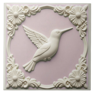 Pastel pink faux relief Art Nouveau Hummingbird Ceramic Tile
