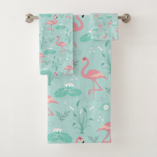 Pastel Pink Flamingos Green Pattern Bath Towel Set