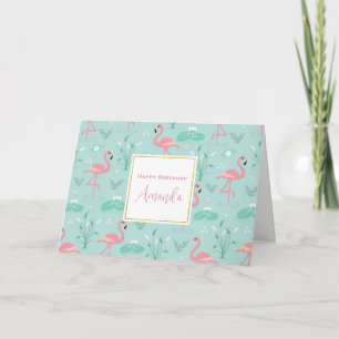 Pastel Pink Flamingos Green Pattern Birthday Card