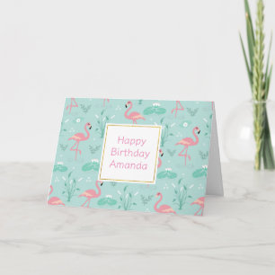 Pastel Pink Flamingos Green Pattern Birthday Card