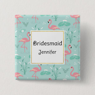 Pastel Pink Flamingos Green Pattern Bridesmaid 15 Cm Square Badge