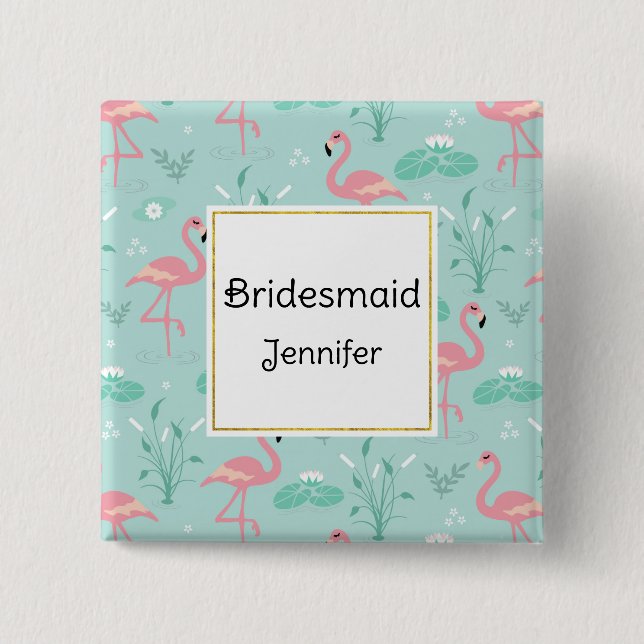 Pastel Pink Flamingos Green Pattern Bridesmaid 15 Cm Square Badge (Front)