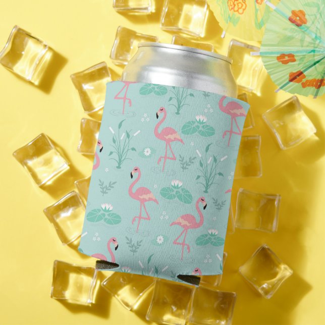Pastel Pink Flamingos Green Pattern Can Cooler (In Situ Summer)