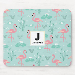 Pastel Pink Flamingos Green Pattern Monogram Mouse Pad