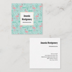 Pastel Pink Flamingos Green Pattern Square Business Card