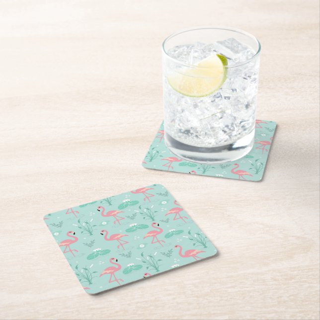 Pastel Pink Flamingos Green Pattern Square Paper Coaster (Insitu)
