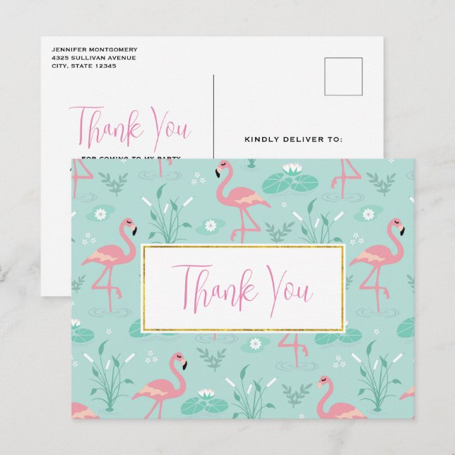Pastel Pink Flamingos Green Pattern Thank You Postcard (Front/Back)