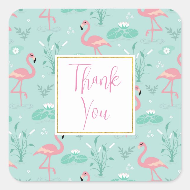 Pastel Pink Flamingos Green Pattern Thank You Square Sticker (Front)