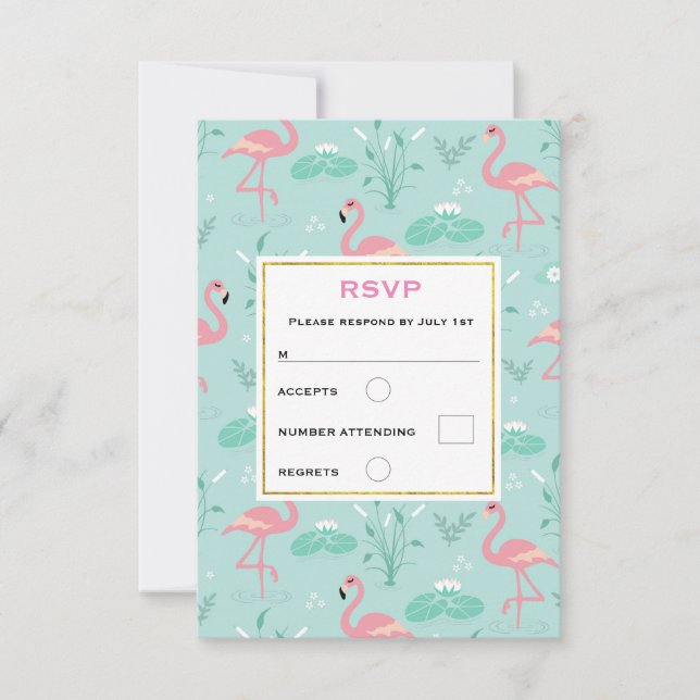 Pastel Pink Flamingos Green Pattern Wedding RSVP Card (Front)