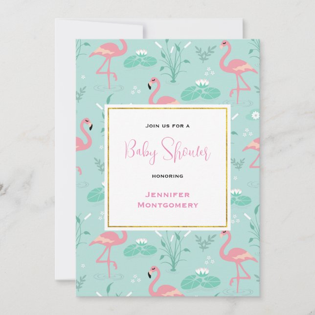 Pastel Pink Flamingos on Green Pattern Baby Shower Invitation (Front)