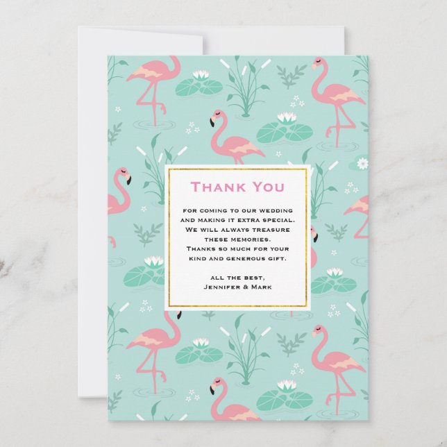 Pastel Pink Flamingos on Green Pattern Wedding Thank You Card (Front)