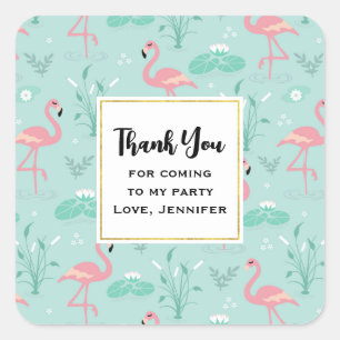  Pastel Pink Flamingos Pattern Party Thank You Square Sticker
