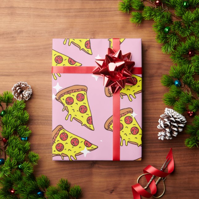 Pastel Pink Floating Pizza Slices Pattern Wrapping Paper (Holiday Gift)