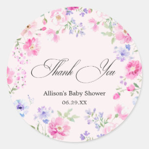 Pastel Pink Floral Baby Shower Thank You Classic Round Sticker