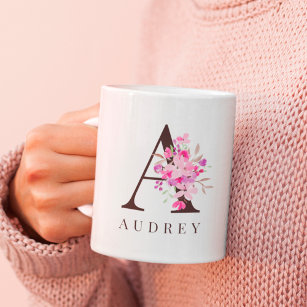 Pastel pink floral black bold script monogram name coffee mug