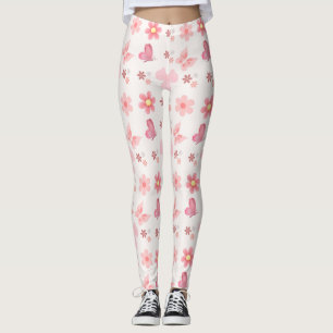Pastel Pink Floral & Butterfly Pattern Leggings