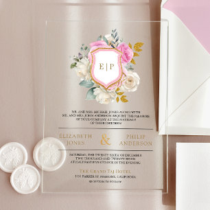 Pastel Pink Floral Crest Monogram Wedding Acrylic Invitations