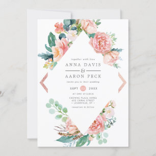 Pastel Pink Floral Diamond Frame Wedding Invitation