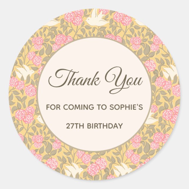 Pastel Pink Floral Dove Pattern Classic Round Sticker (Front)