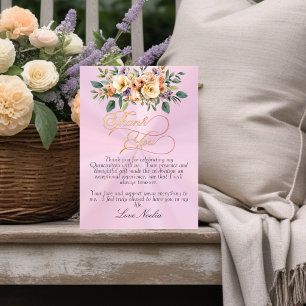 Pastel Pink - Floral & Gold Tiara Quinceanera Thank You Card