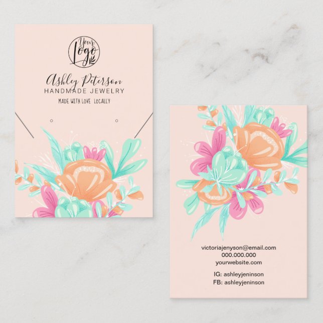 Pastel pink floral logo jewellery earring necklace business card (Front/Back)