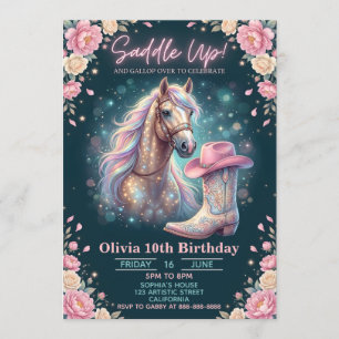 Pastel Pink Floral Magical Cowgirl Horse Birthday Invitation