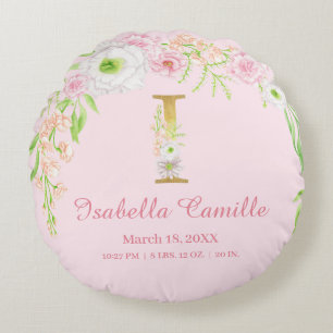 Pastel Pink Floral Monogram Baby Stats Round Cushion